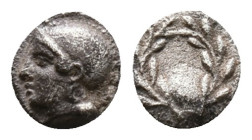 Aeolis. Elaia circa 450-400 BC.Diobol AR Helmeted head of Athena left / E-Λ-Α-Ι in four corners starting from bottom left, counterclockwise of incuse ...