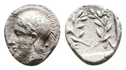Aeolis. Elaia circa 450-400 BC.Diobol AR Helmeted head of Athena left / E-Λ-Α-Ι in four corners starting from bottom left, counterclockwise of incuse ...