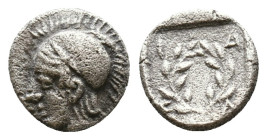 Aeolis. Elaia circa 450-400 BC.Diobol AR Helmeted head of Athena left / E-Λ-Α-Ι in four corners starting from bottom left, counterclockwise of incuse ...