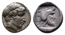 MYSIA, Pergamon. Circa 450 BC. AR Diobol. Laureate head of Apollo right / Bearded head right, wearing Persian tiara, within incuse square. Von Fritze,...