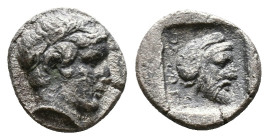 MYSIA, Pergamon. Circa 450 BC. AR Diobol. Laureate head of Apollo right / Bearded head right, wearing Persian tiara, within incuse square. Von Fritze,...
