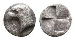 Aeolis, Kyme AR Hemiobol. Circa 450-400 BC. Head of eagle to left; K (retrograde) to left, [Y] below / Quadripartite incuse square. Condition: Very Fi...
