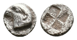 Aeolis, Kyme AR Hemiobol. Circa 450-400 BC. Head of eagle to left; K (retrograde) to left, [Y] below / Quadripartite incuse square. Condition: Very Fi...