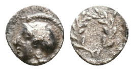 Aeolis. Elaia circa 450-400 BC.Diobol AR Helmeted head of Athena left / E-Λ-Α-Ι in four corners starting from bottom left, counterclockwise of incuse ...