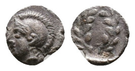 Aeolis. Elaia circa 450-400 BC.Diobol AR Helmeted head of Athena left / E-Λ-Α-Ι in four corners starting from bottom left, counterclockwise of incuse ...