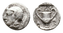 LESBOS, Methymna (Circa 450/40-406/379 BC).AR Obol Helmeted head of Athena left / Kantharos; M above, ivy leaf to left and right; all within incuse sq...