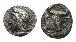 MYSIA, Kyzikos (Circa 460-410 BC) AR obol Obv: Head of Attis left, wearing Phrygian cap; below, tunny. Rev: KY-ZI clockwise, Z as H; head and neck of ...