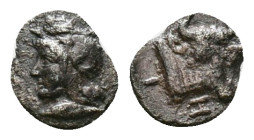 MYSIA, Kyzikos (Circa 460-410 BC) AR obol Obv: Head of Attis left, wearing Phrygian cap; below, tunny. Rev: KY-ZI clockwise, Z as H; head and neck of ...