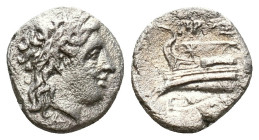 BITHYNIA. Kios. AR Hemidrachm 345-315 B.C. Miletos, magistrate. Obverse: Laureate head of Apollo right; Reverse: Prow of galley left, ornamented with ...