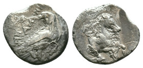 Aiolis, Kyme AR Hemidrachm. Late 4th century BC. Alkamenes, magistrate. Eagle standing to right, head to left; ΑΛΚΑΜΕΝΗΣ upwards in left field / Forep...