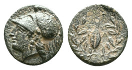 Aeolis. Elaia circa 350-300 BC. Bronze Æ. Helmeted head of Athena left / Grain-ear, to left and right, E-Λ, all within olive wreath. Condition: Very F...