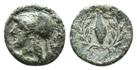 Aeolis. Elaia circa 350-300 BC. Bronze Æ. Helmeted head of Athena left / Grain-ear, to left and right, E-Λ, all within olive wreath. Condition: Very F...