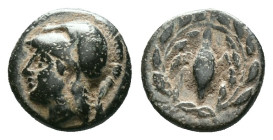 Aeolis. Elaia circa 350-300 BC. Bronze Æ. Helmeted head of Athena left / Grain-ear, to left and right, E-Λ, all within olive wreath. Condition: Very F...