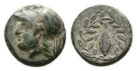 Aeolis. Elaia circa 350-300 BC. Bronze Æ. Helmeted head of Athena left / Grain-ear, to left and right, E-Λ, all within olive wreath. Condition: Very F...