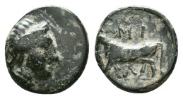 MYSIA. Miletopolis. Ae (4th century BC). Laureate head of Apollo right; below, tunny right. Rev: MIΛH . Bull advancing left. Condition: Very Fine

W...