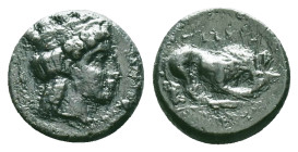 Mysia. Plakia circa 400-300 BC. Bronze Æ Turreted head of Kybele right / ΠΛΑΚΙΑ; lion right, devouring prey, grain-ear below. Reference: Condition: Ve...
