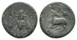 Greek Ionia, Ephesos , AE , Aissides, magistrate Circa 387-295 BC. Obv: Ε-Φ, bee Rev: ΛΙΣΣΙΔΗΣ, stag kneeling left, head right, astragalos above. Cond...