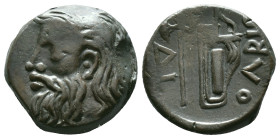 Skythia. Olbia. AE 22. 260-250 BC. Anv.: Horned and bearded head of Borysthenes left. Rev.: ΟΛΒΙΟ, axe and bow in gorytos, monogram to left. Ae. Condi...