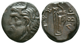 Skythia. Olbia. AE 22. 260-250 BC. Anv.: Horned and bearded head of Borysthenes left. Rev.: ΟΛΒΙΟ, axe and bow in gorytos, monogram to left. Ae. Condi...