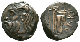 Skythia. Olbia. AE 22. 260-250 BC. Anv.: Horned and bearded head of Borysthenes left. Rev.: ΟΛΒΙΟ, axe and bow in gorytos, monogram to left. Ae. Condi...