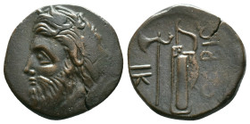 Skythia. Olbia. AE 22. 260-250 BC. Anv.: Horned and bearded head of Borysthenes left. Rev.: ΟΛΒΙΟ, axe and bow in gorytos, monogram to left. Ae. Condi...
