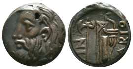 Skythia. Olbia. AE 22. 260-250 BC. Anv.: Horned and bearded head of Borysthenes left. Rev.: ΟΛΒΙΟ, axe and bow in gorytos, monogram to left. Ae. Condi...