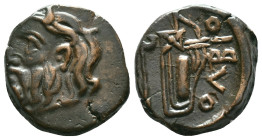Skythia. Olbia. AE 22. 260-250 BC. Anv.: Horned and bearded head of Borysthenes left. Rev.: ΟΛΒΙΟ, axe and bow in gorytos, monogram to left. Ae. Condi...