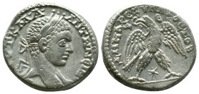 Elagabalus AR Tetradrachm of Antioch, Seleucis and Pieria. AD 218-222. ΑYΤ Κ Μ Α ΑΝΤѠΝЄΙ[ΝΟC CΕΒ], laureate head right, with slight drapery / [ΔΗΜΑΡΧ ...