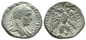 Elagabalus AR Tetradrachm of Antioch, Seleucis and Pieria. AD 218-222. ΑYΤ Κ Μ Α ΑΝΤѠΝЄΙ[ΝΟC CΕΒ], laureate head right, with slight drapery / [ΔΗΜΑΡΧ ...