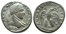 Elagabalus AR Tetradrachm of Antioch, Seleucis and Pieria. AD 218-222. ΑYΤ Κ Μ Α ΑΝΤѠΝЄΙ[ΝΟC CΕΒ], laureate head right, with slight drapery / [ΔΗΜΑΡΧ ...