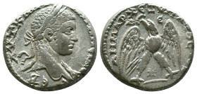 Elagabalus AR Tetradrachm of Antioch, Seleucis and Pieria. AD 218-222. ΑYΤ Κ Μ Α ΑΝΤѠΝЄΙ[ΝΟC CΕΒ], laureate head right, with slight drapery / [ΔΗΜΑΡΧ ...