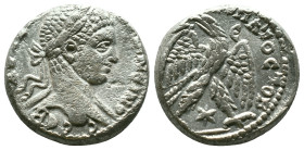 Elagabalus AR Tetradrachm of Antioch, Seleucis and Pieria. AD 218-222. ΑYΤ Κ Μ Α ΑΝΤѠΝЄΙ[ΝΟC CΕΒ], laureate head right, with slight drapery / [ΔΗΜΑΡΧ ...