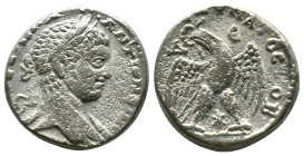 Elagabalus AR Tetradrachm of Antioch, Seleucis and Pieria. AD 218-222. ΑYΤ Κ Μ Α ΑΝΤѠΝЄΙ[ΝΟC CΕΒ], laureate head right, with slight drapery / [ΔΗΜΑΡΧ ...