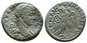 Elagabalus AR Tetradrachm of Antioch, Seleucis and Pieria. AD 218-222. ΑYΤ Κ Μ Α ΑΝΤѠΝЄΙ[ΝΟC CΕΒ], laureate head right, with slight drapery / [ΔΗΜΑΡΧ ...