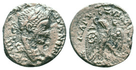 Elagabalus AR Tetradrachm of Antioch, Seleucis and Pieria. AD 218-222. ΑYΤ Κ Μ Α ΑΝΤѠΝЄΙ[ΝΟC CΕΒ], laureate head right, with slight drapery / [ΔΗΜΑΡΧ ...