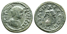 Geta (Caesar, 198-209). Phrygia, Cidyessus. Æ. Bare-headed and cuirassed bust r. R/ Asclepius standing facing, head l., resting serpent entwined scept...