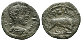 TROAS, Alexandria Troas. Valerian I. AD 253-260. Æ. Laureate, draped and cuirassed bust right / She-wolf standing right, suckling the twins Romulus an...