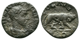 TROAS, Alexandria Troas. Valerian I. AD 253-260. Æ. Laureate, draped and cuirassed bust right / She-wolf standing right, suckling the twins Romulus an...