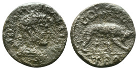 TROAS, Alexandria Troas. Valerian I. AD 253-260. Æ. Laureate, draped and cuirassed bust right / She-wolf standing right, suckling the twins Romulus an...
