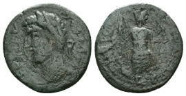 Pisidia, Antiochia. Commodus. A.D. 177-192. Æ. ANTONINVS COMMODVS, laureate, draped and cuirassed bust of Commodus left / COLONEIAE ANTIOCHIAE, Mên st...