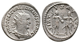Valerian I AD 253-260. Antioch Antoninian AR . IMP C P LIC VALERIANVS AVG, radiate draped bust right / VIRTVS AVGG, Valerian and Gallienus facing each...