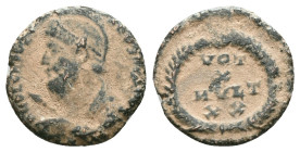Julian Apostata Constantinople, 361-363 AD. Æ follis. DN FL CL IULIANUS PF AUG helmeted, diademed, cuirassed bust left, with shield and spear / VOT X ...