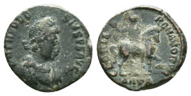 Theodosius I. AD 379-395. Antioch Follis Æ. D N THEODOSIVS P F AVG, pearl diademed, draped, cuirassed bust right / GLORIA ROMANORVM/ ANTB, Horseman ri...