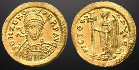 Solidus, Constantinople, DN ZENO PERP AVG, helmeted, pearl-diademed and cuirassed bust of Zeno facing, holding spear over right shoulder, shield adorn...