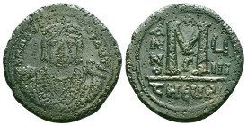 Maurice Tiberius Æ Nummus. Antioch, Dated RY 10 = 591-592 AD. d N mAURI C NP AUT, crowned facing bust, wearing consular robes, holding mappa and eagle...