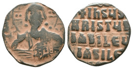 Anonymous. Class A2. Time of Basil II and Constantine VIII (1020-1028). AE follis . Constantinople. Obv: +EMMA-NOVHΛ, bust of Christ facing, wearing n...