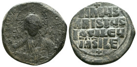 Anonymous. Class A2. Time of Basil II and Constantine VIII (1020-1028). AE follis . Constantinople. Obv: +EMMA-NOVHΛ, bust of Christ facing, wearing n...