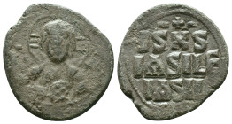 Anonymous. Class A2. Time of Basil II and Constantine VIII (1020-1028). AE follis . Constantinople. Obv: +EMMA-NOVHΛ, bust of Christ facing, wearing n...