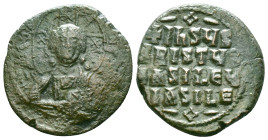 Anonymous. Class A2. Time of Basil II and Constantine VIII (1020-1028). AE follis . Constantinople. Obv: +EMMA-NOVHΛ, bust of Christ facing, wearing n...