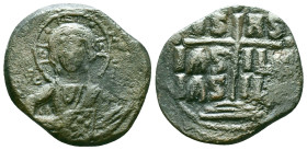 ANONYMOUS FOLLES. Class B. Attributed to Romanus III (1028-1034). Obv: + EMMA NOVHΛ / IC - XC. Bust of Christ facing, holding book of Gospels and wear...